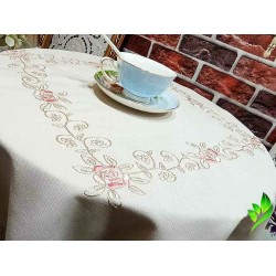 Beautiful Pink Rose Soft Green Leaves Embroidery Hemstitch Thick Table Cloth