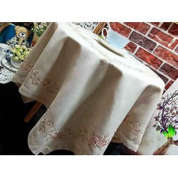 Beautiful Pink Rose Soft Green Leaves Embroidery Hemstitch Thick Table Cloth