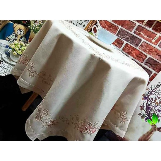 Beautiful Pink Rose Soft Green Leaves Embroidery Hemstitch Thick Table Cloth
