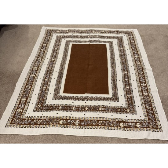 Vtg Retro Linen Tablecloth, Brown Tan Black, 65