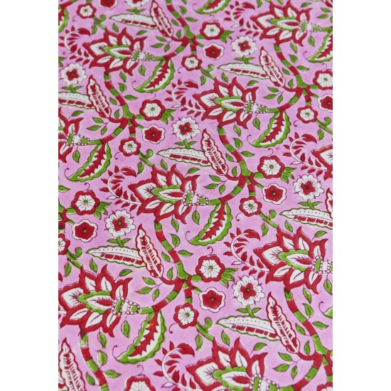 Pink Tablecloth Cotton Block Print Table Cover 125cm x 220cm Floral Pattern
