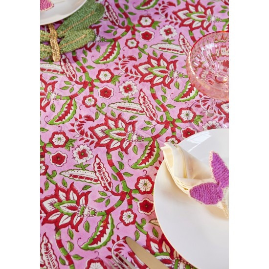 Pink Tablecloth Cotton Block Print Table Cover 125cm x 220cm Floral Pattern