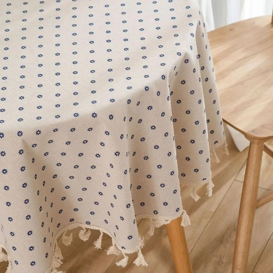 Cotton Linen Round Tablecloth with Tassel Dust-Proof Floret Table Tabletop Decor