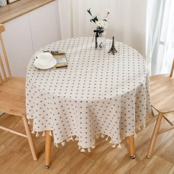 Cotton Linen Round Tablecloth with Tassel Dust-Proof Floret Table Tabletop Decor