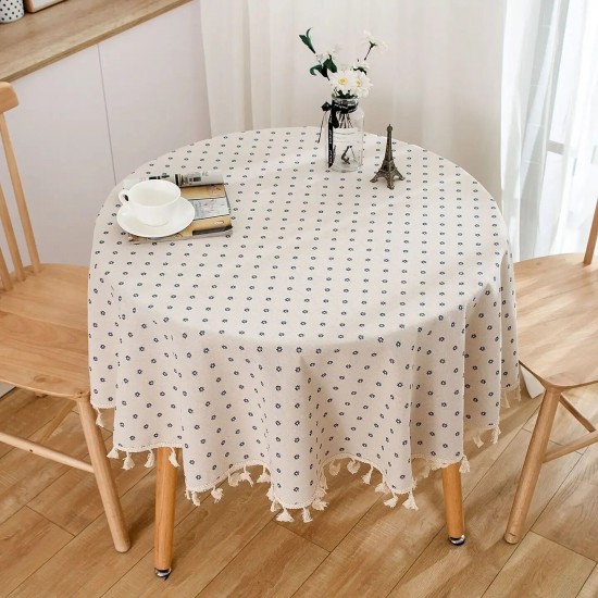 Cotton Linen Round Tablecloth with Tassel Dust-Proof Floret Table Tabletop Decor