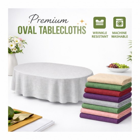 Oval Rectangle Linen Look Textured Tablecloth Non Iron Washable Pick Size
