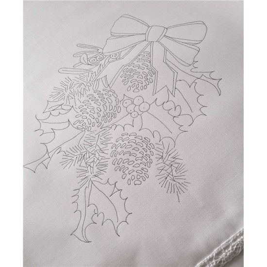 Printed Tablecloth to embroider Christmas Wreath white lace edge cotton CS0065