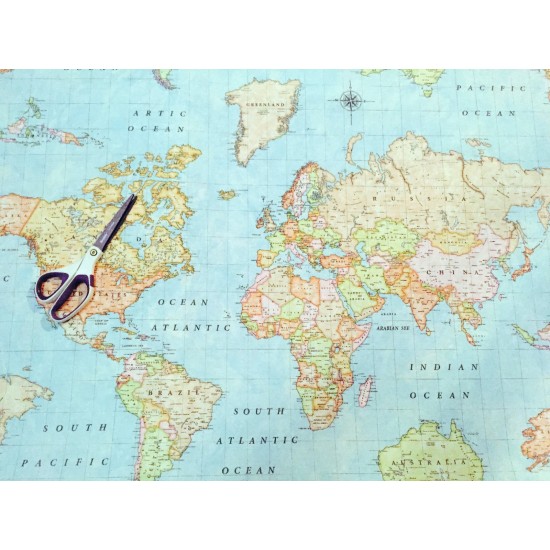 Teflon World Map Soft Tablecloth PU Coated Outdoor Fabric 140cm wide - Blue