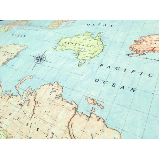 Teflon World Map Soft Tablecloth PU Coated Outdoor Fabric 140cm wide - Blue