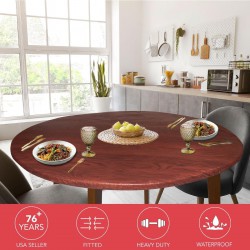 Round Tablecloth Flannel Backed Vinyl Fitted Elastic Edge Mahogany 40-44 Inch