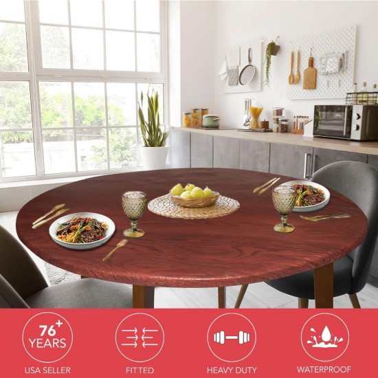 Round Tablecloth Flannel Backed Vinyl Fitted Elastic Edge Mahogany 40-44 Inch
