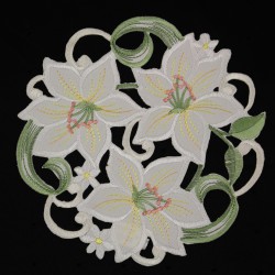 White Lily Open embroidery Tablecloth Table overlay Doily White Green