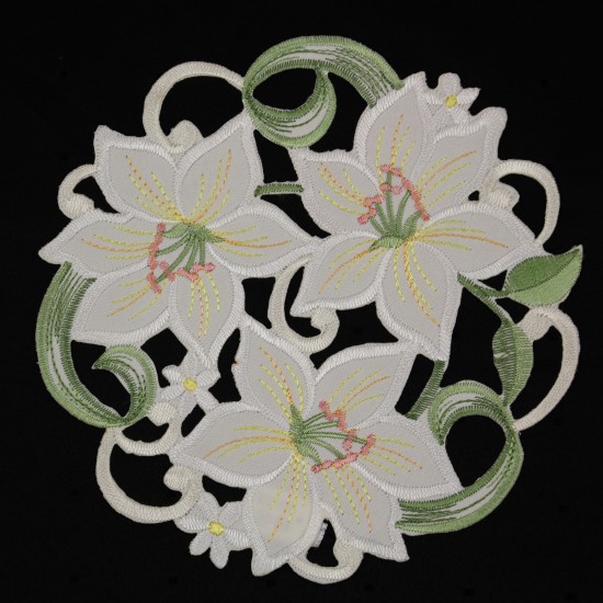 White Lily Open embroidery Tablecloth Table overlay Doily White Green