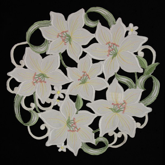 White Lily Open embroidery Tablecloth Table overlay Doily White Green