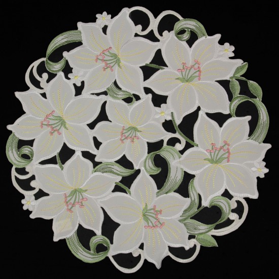 White Lily Open embroidery Tablecloth Table overlay Doily White Green