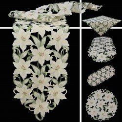 White Lily Open embroidery Tablecloth Table overlay Doily White Green