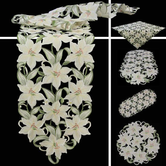White Lily Open embroidery Tablecloth Table overlay Doily White Green