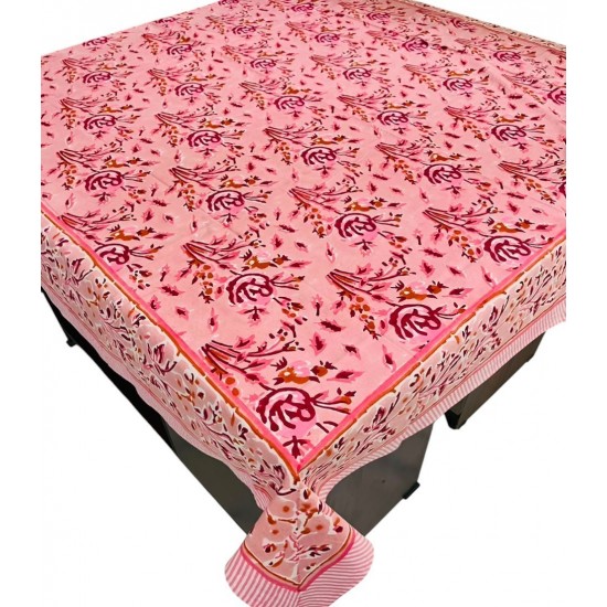 100% Cotton Pink Floral Handblock Printed Rectangle Fall Tablecover for Dining