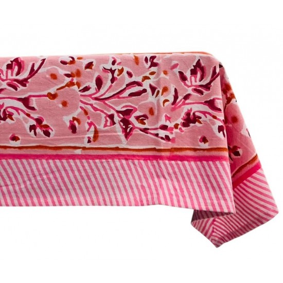 100% Cotton Pink Floral Handblock Printed Rectangle Fall Tablecover for Dining