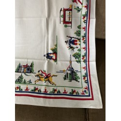 Vintage Small 36 x 32 Tablecloth Colonial Thanksgiving Fall Harvest Design