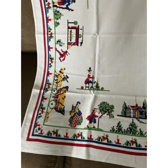 Vintage Small 36 x 32 Tablecloth Colonial Thanksgiving Fall Harvest Design
