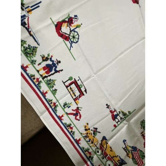 Vintage Small 36 x 32 Tablecloth Colonial Thanksgiving Fall Harvest Design