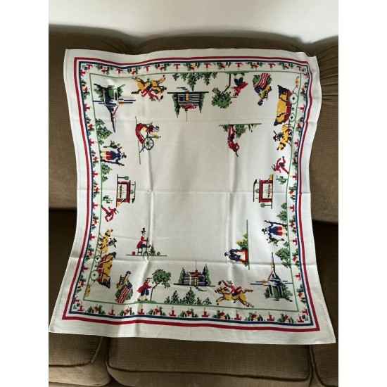 Vintage Small 36 x 32 Tablecloth Colonial Thanksgiving Fall Harvest Design