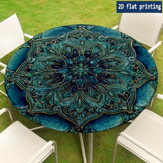 Blue Floral Mandala Tablecloth Washable Waterproof Elastic Fabric