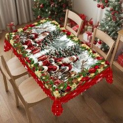 Red Festive Merry Christmas Holiday Tablecloth Washable Waterproof Fabric