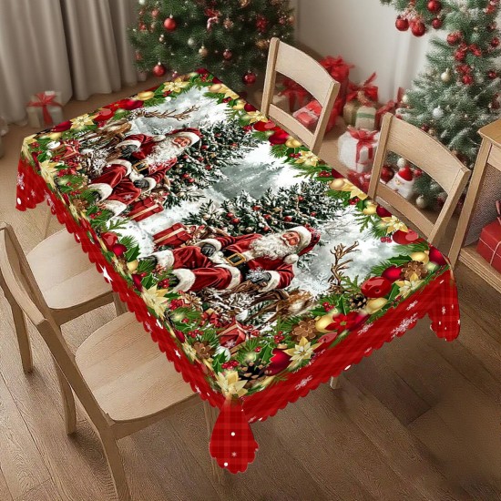 Red Festive Merry Christmas Holiday Tablecloth Washable Waterproof Fabric