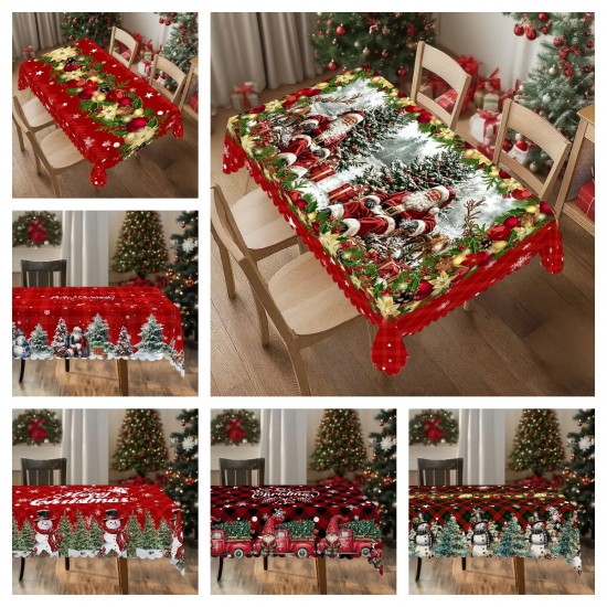 Red Festive Merry Christmas Holiday Tablecloth Washable Waterproof Fabric