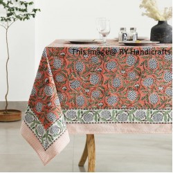 Pink hand Block Print tablecloth Floral Cotton Kitchen Dining Table linen
