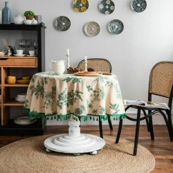 150cm Round Table Cloth Restaurant Cotton Linen Green Pine Tree Print Tablecloth