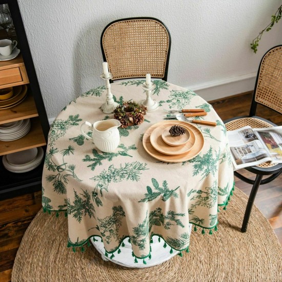 150cm Round Table Cloth Restaurant Cotton Linen Green Pine Tree Print Tablecloth