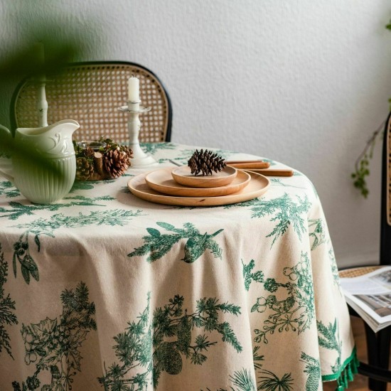 150cm Round Table Cloth Restaurant Cotton Linen Green Pine Tree Print Tablecloth