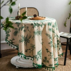 150cm Round Table Cloth Restaurant Cotton Linen Green Pine Tree Print Tablecloth